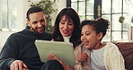 Tablet, parents talking and child in family home for funny meme or bonding with foster daughter. Mother, father and girl in living room with tech for video on internet, comedy cartoon and laughing