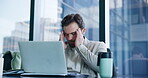 Business man, laptop or headache of stress in office for difficult report, finance error or burnout. Accountant, person and tech with migraine massage at firm for financial loss, bankruptcy and worry