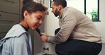 Plumbing, help and toolbox with father and daughter in kitchen for bonding, support and sink repair. Handyman, pipe maintenance and teaching with man and girl in family house for fixing together
