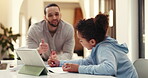 Homework, tablet and writing with father and daughter for education, distance learning and help. Student, home school and support with man and child in family house for love, teaching and tutoring