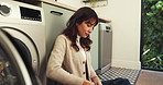 Woman, washing machine and laundry in home with clothes for cleaning, housekeeping or chores. Female person, fabric hygiene and appliance with routine in house with basket, fresh linen and folding