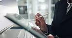 Hands, business and person writing on stylus for email, incident report and compliance form. Closeup, woman and tablet for insurance claim, risk assessment and policy coverage for client application