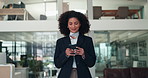 Business woman, phone and walk with typing, communication or contact for project feedback. Networking, connection and professional female person in office with chat, email or review for report