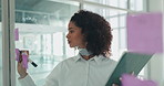 Strategy, business woman writing on sticky note for agenda, financial planning or schedule. Glass wall, project and consultant brainstorming with idea or investment solution in office with tablet