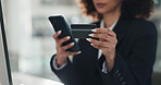 Business woman, credit card and typing with phone for ecommerce, subscription service or sale. Procurement officer, smartphone and website for online shopping, internet payment or company purchase
