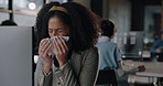 Business, computer and woman with sneeze in office for flu symptoms, hayfever or viral infection. Coworking, technology and employee with tissue at desk for immune disease, sinus or sick of influenza