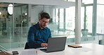 Business, man and laptop with document in office for accounting, finance report and company budget. Male person, pc and paperwork for financial comparison, funding information and investment proposal