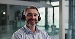 Happy, businessman and face with headset in call center for customer service or online advice. Portrait, man or mature agent with smile or mic for telemarketing, virtual assistance or help in office