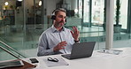 Laptop, call center and mature man talk to customer for banking, loan guidance or transaction help. Computer, contact us and agent chat in office for finance, account assistance and fraud support