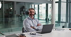 Laptop, call center and face of business man for banking, loan guidance or typing for help desk. Mature agent, contact us and portrait with confidence, arms crossed or smile for financial assistance