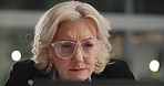 Confused, business woman and laptop with reading at night for proofreading, story doubt or bokeh. Editor, mature person and tech in office with fast checking article, source verification and deadline
