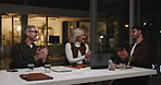 Business people, technology and applause for schedule, brainstorming or project success at night. Group, clapping hands or team working late with laptop for creative development or agenda in office