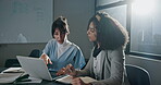 Laptop, teamwork and planning with business women in office for project proposal, research and support. Brainstorming, online report and feedback with employees in agency for collaboration and review