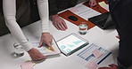 Business people, hands or night with documents or tablet for analytics, statistics or performance. Top view, group or team of employees with paperwork, graph or chart for company revenue in workplace