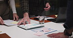Finance, hands and tablet screen with business people in boardroom at night for data analysis. App, charts and graphs with financial team in workplace for evening review of information or statistics