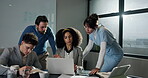 Teamwork, project and laptop with business people in office for breaking news, research and article review. Press release, journalist collaboration and discussion with employees in media agency