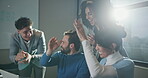 Teamwork, high five and laptop with business people in office for breaking news, success or article review. Press release, journalist award and applause with employees in media agency for achievement