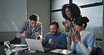 Applause, team and business people with success on laptop for good news, budget approval and profit. Company growth, happy and workers on computer for investment increase, bonus and celebrate deal