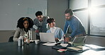 Teamwork, research and laptop with business people in office for breaking news, planning and article review. Press release, journalist collaboration and discussion with employees in media agency