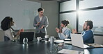 Boardroom, group and applause for presentation, celebration and happy for financial success and win. Clapping, team and people in meeting and smile for business growth, congratulations or achievement