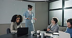 Presentation, meeting and business people in office with laptop for finance budget planning. Discussion, team and manager with group of financial advisors for investment proposal ideas in workplace.
