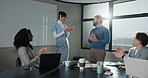 Business, people and applause for man, smile or celebration for financial success or congratulations. Clapping, team and group in boardroom, talk and happy with colleagues and achievement in office