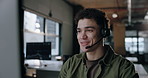 Call center, computer and man in office with headset for online sales, consulting and lead generation. Professional, telemarketing and person with mic for customer contact, communication and advice