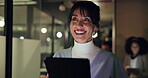 Walking, happy and business woman on tablet for research, project review and online proposal. Creative, working late and person on tech for reading feedback, digital report and website in office