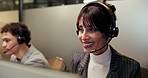 Happy woman, consultant and call center with headset for customer service or online advice. Female person, agent or talking with mic or team for virtual assistance, communication or help in agency