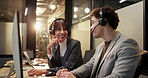 Collaboration, computer and smile with business people in call center for late night assistance. Conversation, happy and help with employee team in customer support office for evening feedback