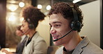 Call center, team and business man on computer in dark office for insurance claim, help or contact. Coworking, night and worker with headset for customer service, financial advice or online support