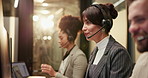 Call center, team and business woman on computer in office for insurance claim, help and contact. Coworking, talking and worker with headset for customer service, financial advice or online support