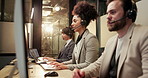 Call center, team and business people on computer in office for insurance claim, help and contact. Coworking, talking and workers with headset for customer service, financial advice or online support