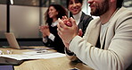 Business, hands and people with applause in meeting for sales growth, good news or achievement. Group, finance seminar or employees clapping for company excellence, investment deal or congratulations