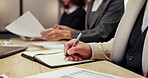 Hands, person and writing notes in meeting for planning, finance feedback and budget reminder. Man, staff and notebook for accounting, financial schedule and information with funding ideas of company