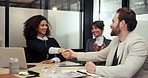 Business people, meeting or applause with handshake for introduction, thank you or deal in office. Happy employees, colleagues or shaking hands with b2b for team collaboration, agreement or workplace