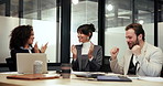 Applause, celebration and fist pump with business people in boardroom for motivation or success. Achievement, congratulations and laptop with excited employee team clapping in workplace for goals