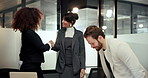 Handshake, welcome and business people with laptop for review, planning and advice. Office, shaking hands and women with man for meeting, b2b budget and collaboration for proposal or negotiation