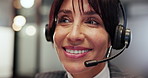 Happy woman, agent or headset with mic for customer service or online advice in call center office. Female person, agent or talking with smile for virtual assistance or telemarketing in workplace