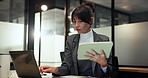 Business, laptop and woman with tablet, financial agency and feedback for budget report. Employee, investment deal or mature person with pc, tech or email for profit growth, internet or stock market