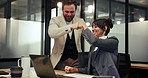 Celebration, fist bump and laptop with business people in boardroom for motivation or success. Achievement, computer and congratulations with excited employee team clapping in workplace for goals