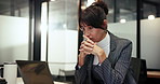 Thinking, laptop and business woman for problem solving with budget report, finance review and planning. Office, working late and person on computer for financial proposal, decision and solution