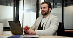 Thinking, night and business man on laptop with solution for budget report, finance review and planning. Office, working late and person on computer for financial proposal, decision and deadline