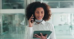 Business woman, phone call and tablet with smile, communication or contact for project feedback. Networking, connection and professional female person in office with chat, email or review for report