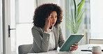 Business, headache and woman in office with tablet, stress or fatigue for target deadline. Anxiety, mental health and consultant in workplace with tech, burnout and migraine for KPI pressure.