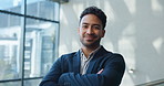 Arms crossed, face and laughing with business man in lobby of office for corporate career development. Agency, company and proud with funny employee in professional workplace for job satisfaction