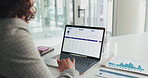 Chart, screen and hands with laptop, office or financial analyst with metrics, paperwork and search. Review, dashboard and person with tech for business performance, info and  data analysis on web