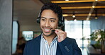 Telemarketing, talking and man with headset, call center and explaining service to contact and chat. Annoyed, person and consultation for lead generation, communication and sales with mic in office