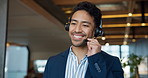 Call center, smile or man speaking to customer for insurance sales, business or premium coverage. Telemarketing, headset or broker consulting in office for claims, telesales or explain policy options