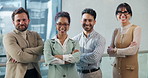 Face, business people and group with arms crossed in office with funny financial consultants. Team, portrait and confident workers with smile, support or laugh for collaboration in investment agency